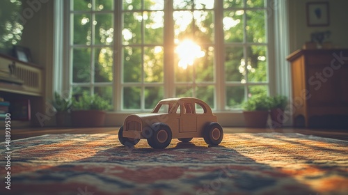 Obraz na płótnie Wooden toy car on patterned rug by sunny window w salonie