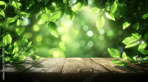 Obraz na płótnie Wooden table bathed in sunlight, framed by lush green leaves w salonie
