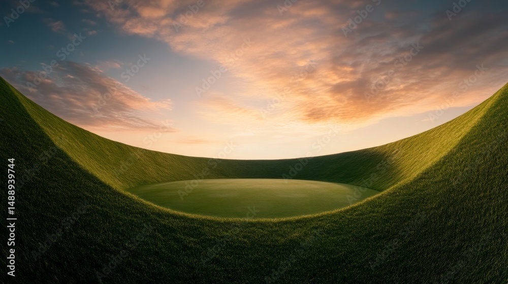 Fototapeta premium Serene Valley Green Field Bowl Under Dawn Sky, landscape , serenity