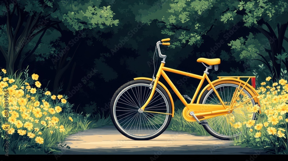 Yellow bike in a sunlit path through a dark forest. Lush foliage surrounds a vibrant yellow bicycle