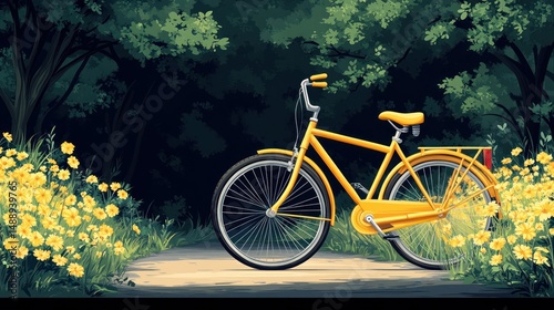 Obraz na płótnie Yellow bike in a sunlit path through a dark forest. Lush foliage surrounds a vibrant yellow bicycle w salonie