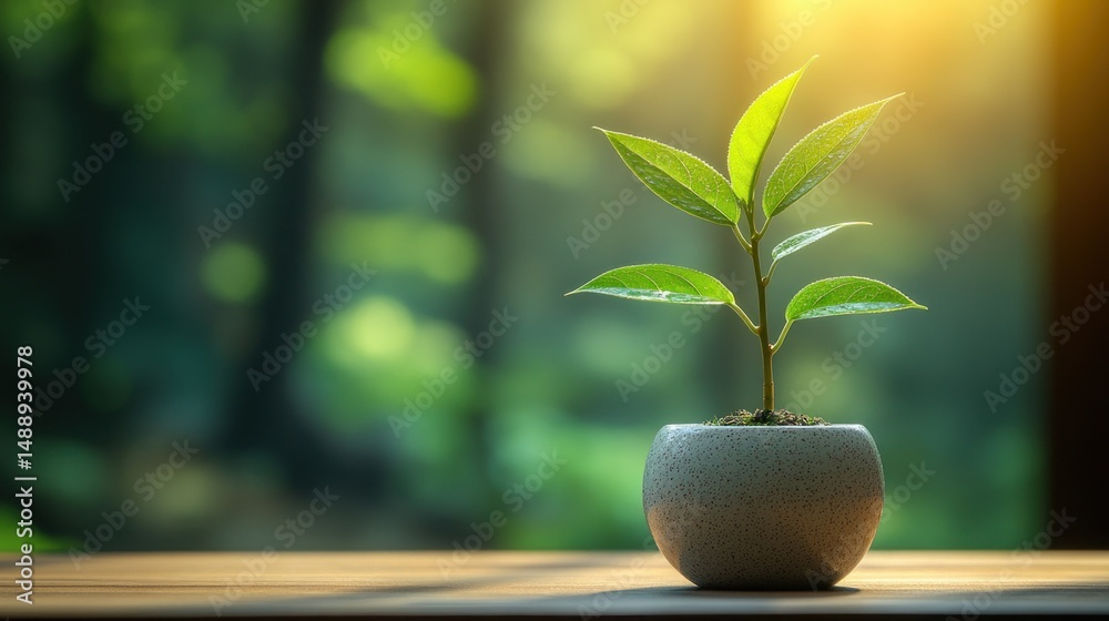 Young plant in pot, sunlight, nature