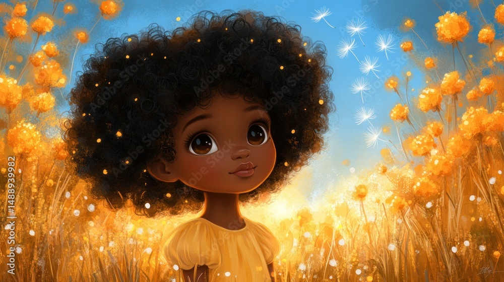 Young girl, dark hair, yellow field