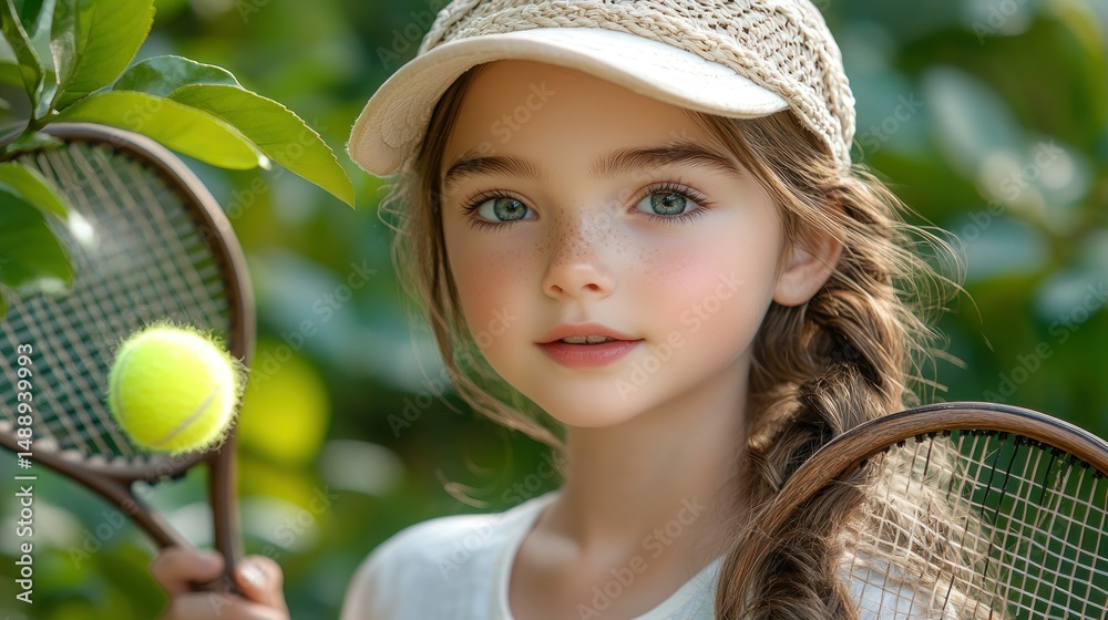 Young girl with tennis gear in a park