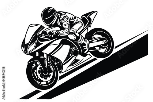 Vector Illustration of a Motorcycle Racer on a Sports Bike in Motion, Black and White Graphic Art.