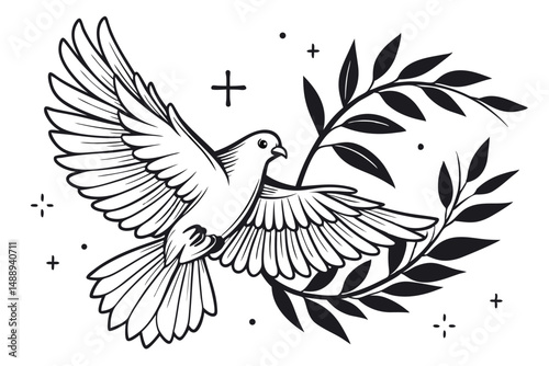 Elegant Black and White Dove with Olive Branch, Symbol of Peace and Hope, Line Art Style Illustration.