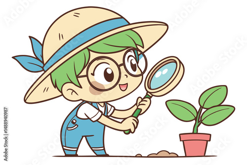 Cartoon Boy in Overalls Examining a Plant with a Magnifying Glass, Exploring Nature and Science.