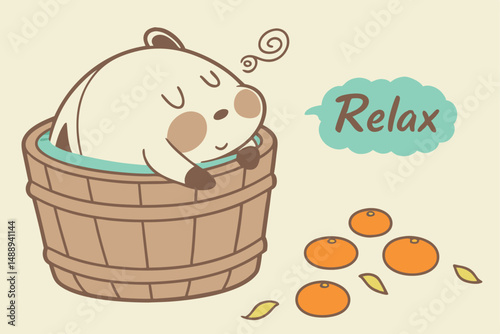 Cute Cartoon Bear Relaxing in a Bath Tub with Oranges, Promoting Wellness and Restful Spa Day.