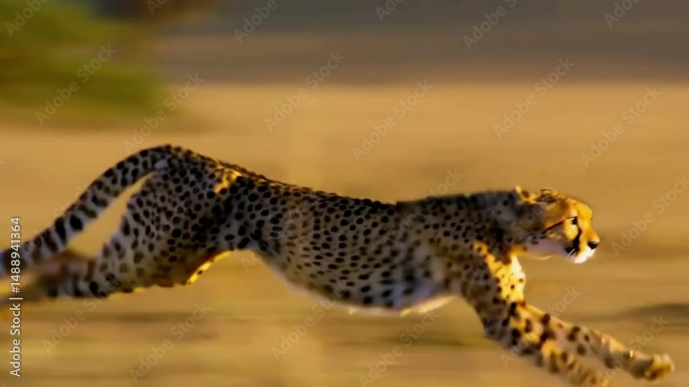 Cheetah Run at Sunset: Captured in Stunning Detail with Unique Watermark. A cheetah running across a dry grass covered field.