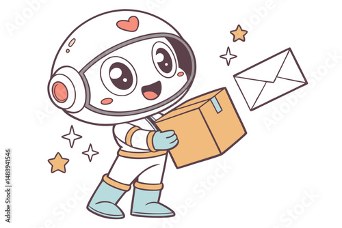 Cute Astronaut Delivery Boy Holding a Box and Envelope Cartoon Character Illustration For Children's Book.
