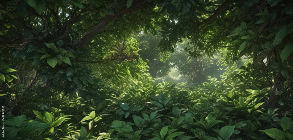 Fototapeta premium Intricate network of broad, vibrant green leaves creates a dense, shaded understory , earth, ecology