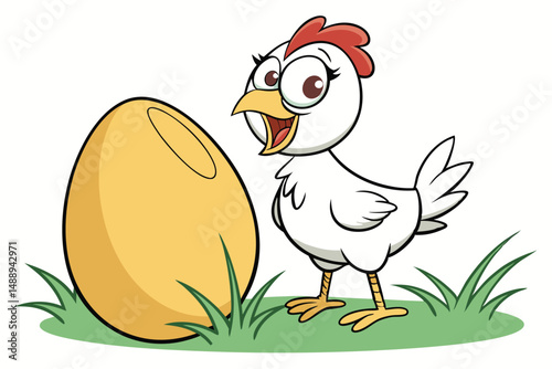 Cartoon Chicken with Egg: Farm Animal Mascot with Happy Expression on Green Grass, Isolated on White.