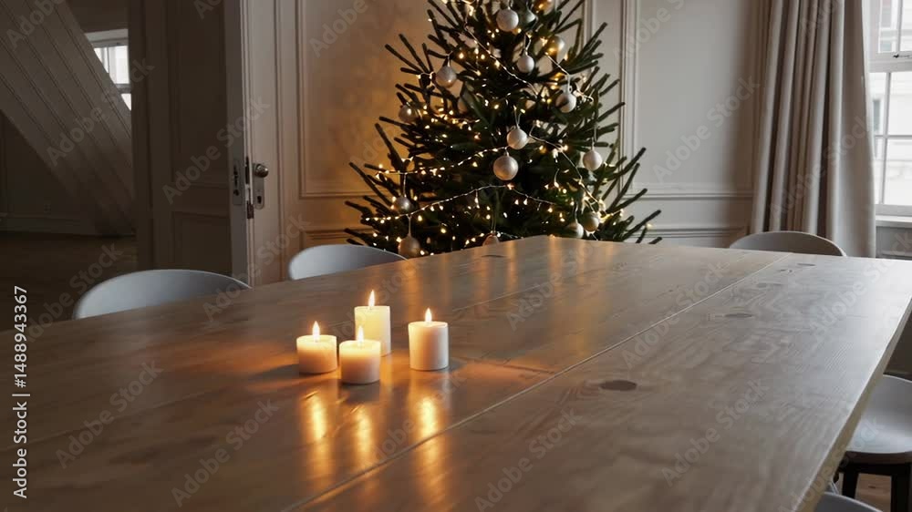 Wooden Dining Table with Christmas Tree in Background
