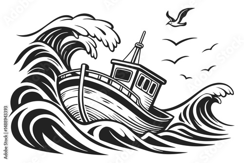 Vector Illustration of Fishing Boat Sailing Through Rough Sea, Waves, and Birds in Monochrome Style, Maritime Adventure.