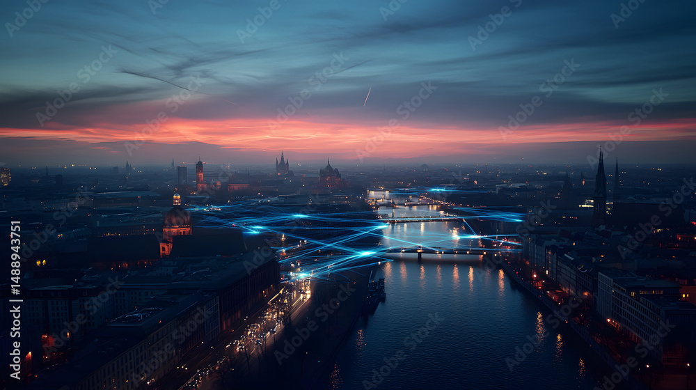 Fototapeta premium Architectural blueprint overlay on a modern cityscape at dusk, sunset, architecture