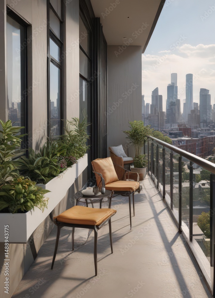 Fototapeta premium Sleek condo boasts stunning city views from its sun-drenched balcony; luxurious interior details visible , details, modern, architecture