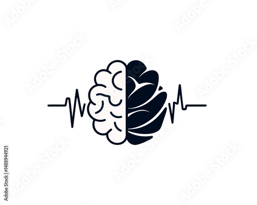Human brain logo vector icon in black and white color isolated on white.