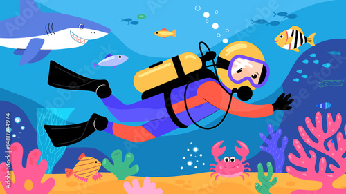 Scuba diving vector illustration. A scuba diver in sea surrounded by fish anf crab. Book cover.