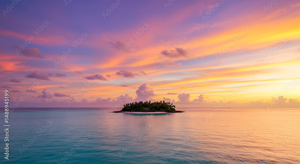 Fototapeta premium summer, tropical, sunset, beach, island, coast, mountain, golden hour, sunlight, seascape, ocean, waves, calm, remote, paradise, vacation, peaceful, tropical forest, jungle, waterfall, warm, travel, h