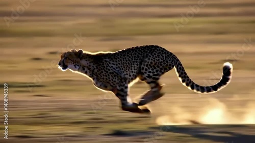Wildlife videoeo: Cheetah Soaring Across Dunes with Watermark. A cheetah running across a dry grass covered field.