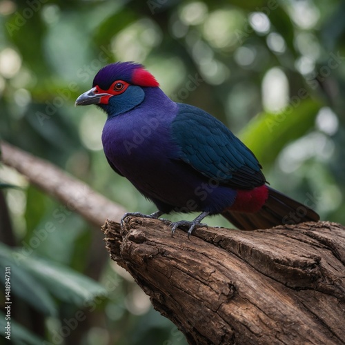 Purple-crested Turaco perched on branch: A vibrant purple-crested turaco, with a striking display of color, sits perched gracefully on a weathered tree branch in a lush, verdant environment.