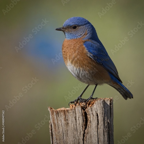 Bluebird Perched on Post: A close-up shot showcases the stunning colors of an eastern bluebird, its bright blue plumage and warm rust breast feathers. It perches elegantly on a weathered wooden post.