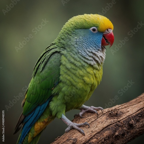 Colorful Parrot on Branch: A vibrant, colorful parrot perches on a weathered branch, its intricate plumage and sharp gaze creating a captivating portrait of avian beauty.