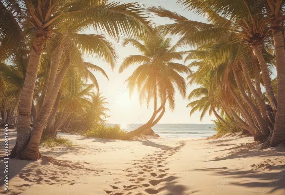 Fototapeta premium Sun-drenched palm trees arch over pristine sand, vintage film grain , coconut palm, film grain, sand