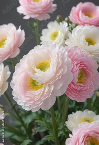 Delicate pink & white ranunculus blossoms, close-up view , flowers, macro photography