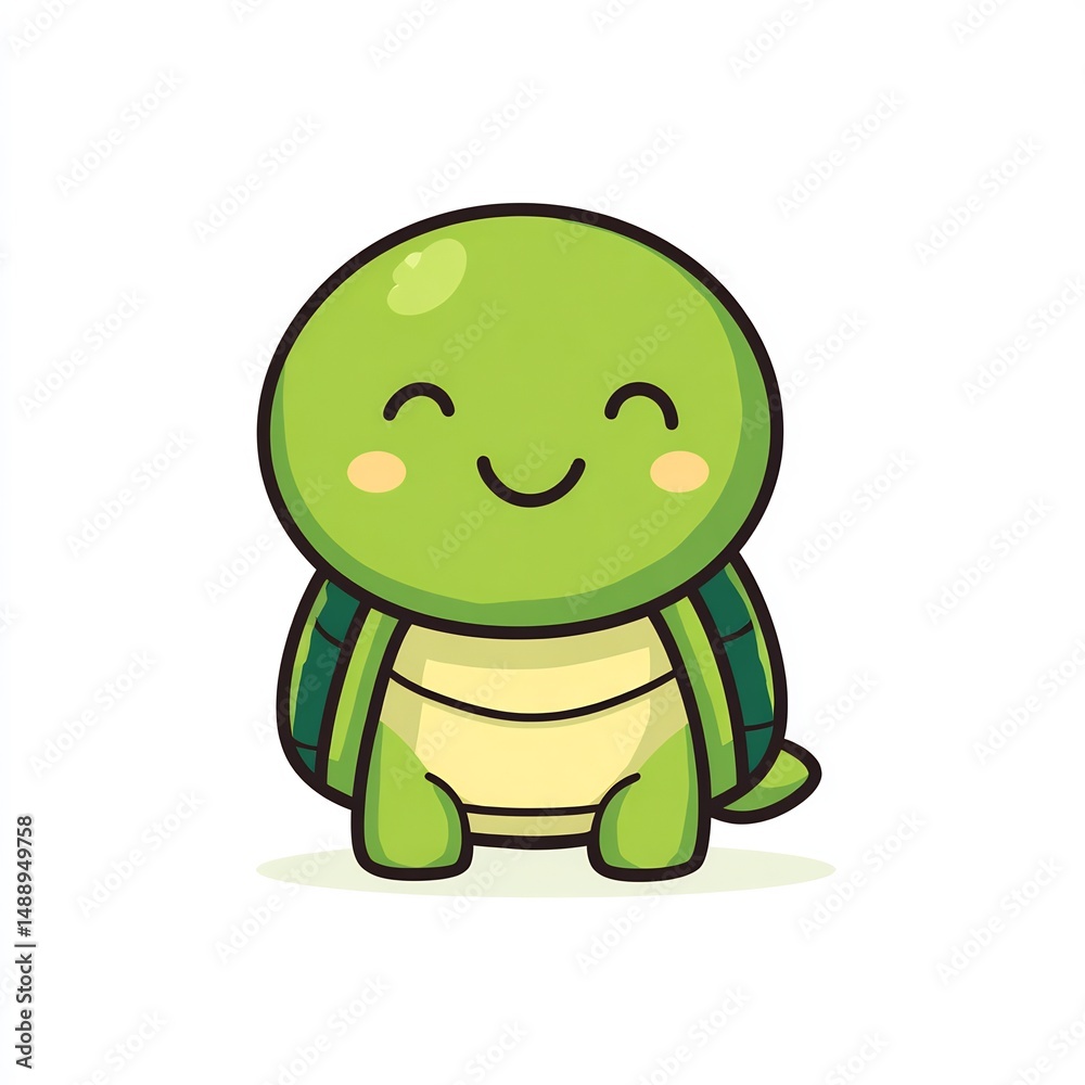 Fototapeta premium Cute cartoon turtle smiling, flat on white background