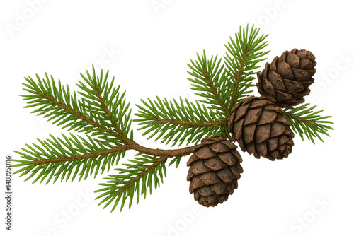 Pine branch with realistic pine cones, 3d rendering on transparent background, detailed botanical illustration for graphic design
