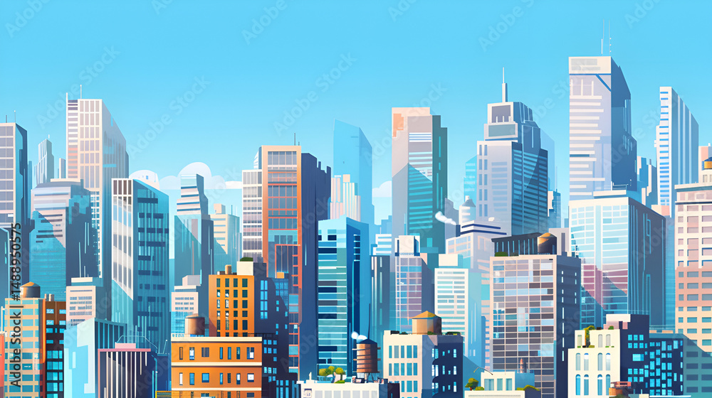 Naklejka premium Illustrated cityscape with various skyscrapers against a bright blue sky in daytime scene art