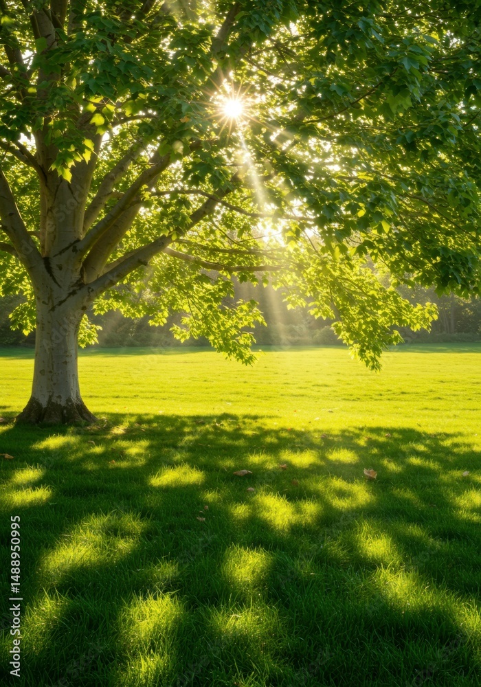 Fototapeta premium Dappled sunlight dances through leaves, falling on the pale bark of a solitary tree in the meadow.