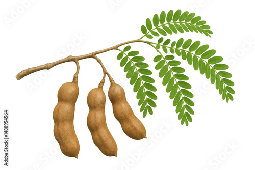 Ripe tamarind pods hanging from a branch with green leaves, isolated on a transparent background, ready for culinary or medicinal use