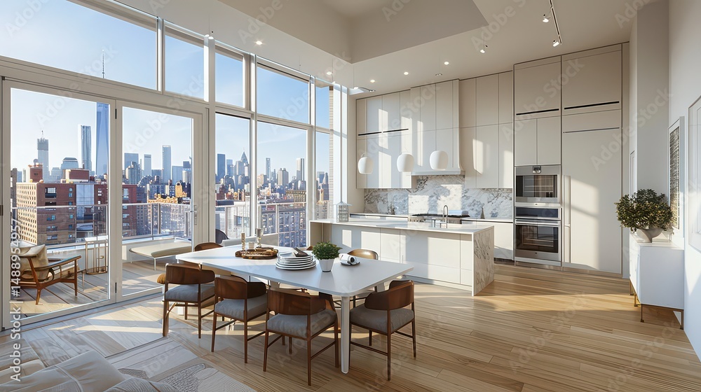 Fototapeta premium A modern apartment interior with a dining table and kitchen overlooking a cityscape through large windows