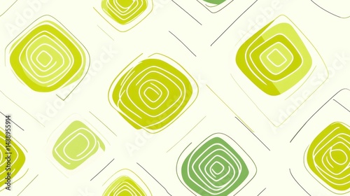 Abstract pattern of overlapping squares in shades of green and yellow