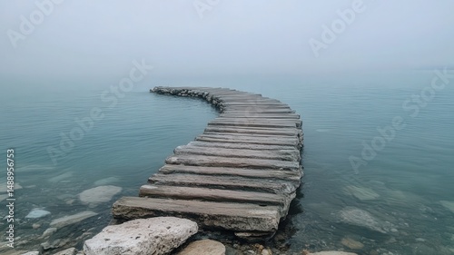 Weathered Wooden Pier Extending into Calm Lake Mist