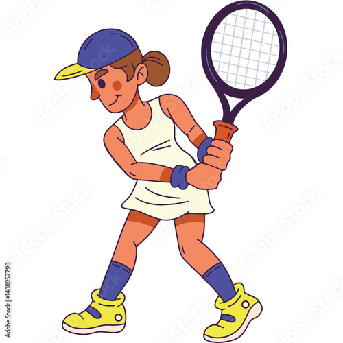 Flat Style Illustration of a Female Tennis Player in Action