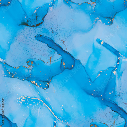 Liquid Abstract Ink Template. Blue Vector Background. Alcohol Ink Canvas. Water Elegant Background. Water Golden Repeat. Gold Sea Paint. Foil Marble Watercolor. Watercolor Marble. Luxury Vector Ink