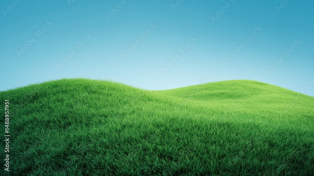 Fototapeta premium Lush Green Hills Under a Clear Blue Sky with Gentle Curves and Vibrant Grass, Symbolizing Natural Beauty and Tranquility in the Landscape