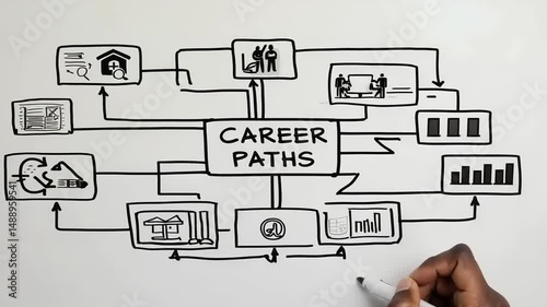 Hand drawn career paths diagram on whiteboard.