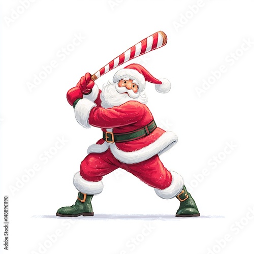 santa playing baseball with candy cane bat