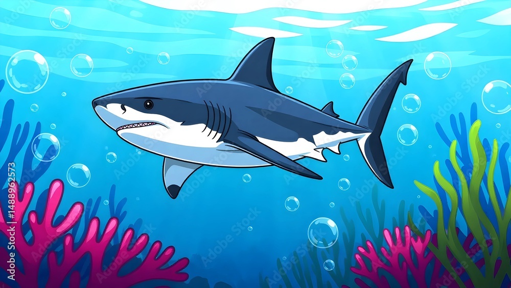 Fototapeta premium Cartoon Great White Shark in Underwater Coral Reef Environment