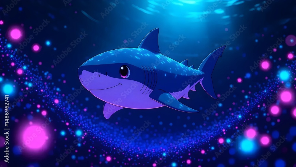 Fototapeta premium Cute Cartoon Shark in a Vibrant Underwater Scene