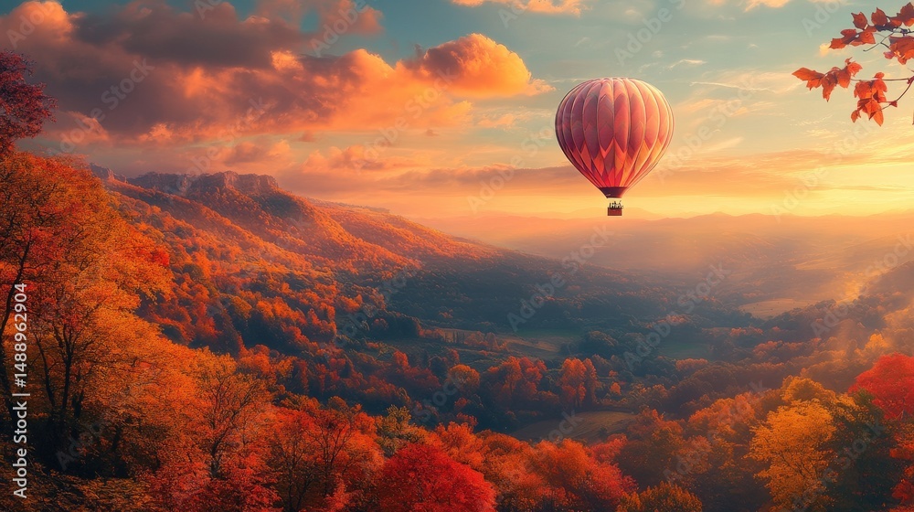 Obraz premium Autumnal landscape with hot air balloon at sunrise.