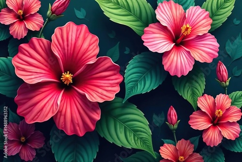 Bold hibiscus blooms, vibrant tropical foliage, dynamic repeat, colorful, green