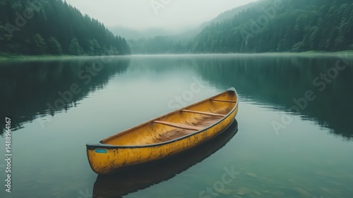 Yellow Canoe on a Tranquil Mountain Lake