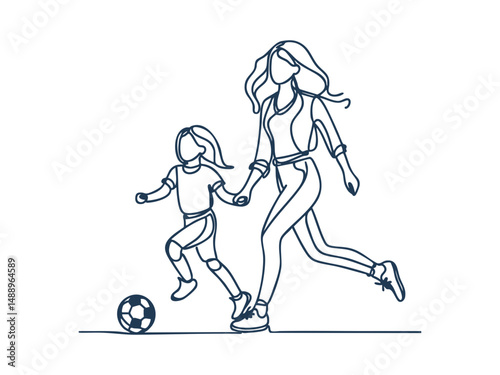 Continuous Single‑Line Illustration of a Mother and Child Playing Soccer

