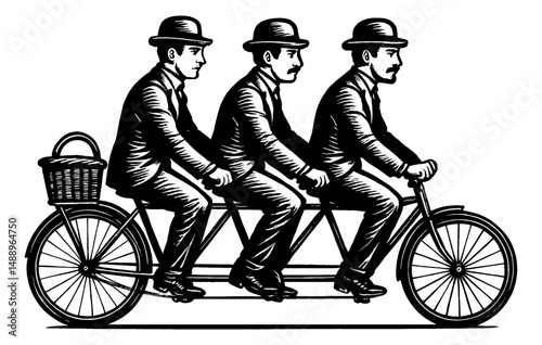 Three Men Riding a Tandem Bicycle, Black and White Engraved Illustration, Side View