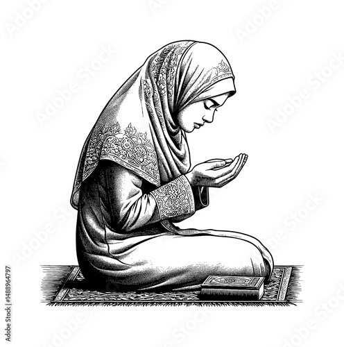 Muslim Woman Praying with Hands Raised in Supplication in Detailed Black and White Line Art